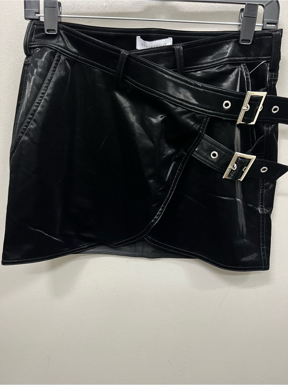 NWT WeWoreWhat XS Patent Vegan Leather Wrap Mini Skirt Black Double Buckle